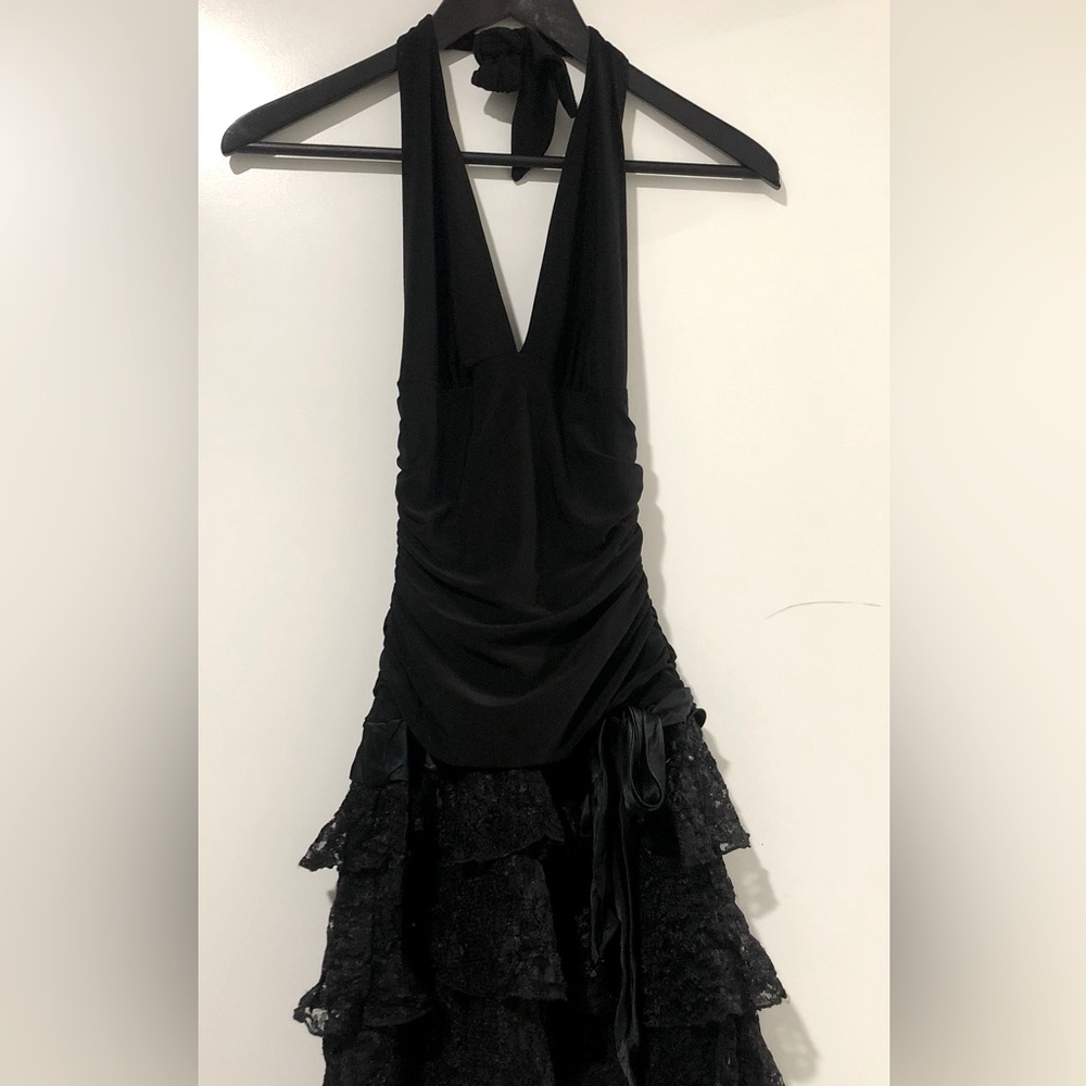 Black backless B.Smart cocktail dress with lace trim.